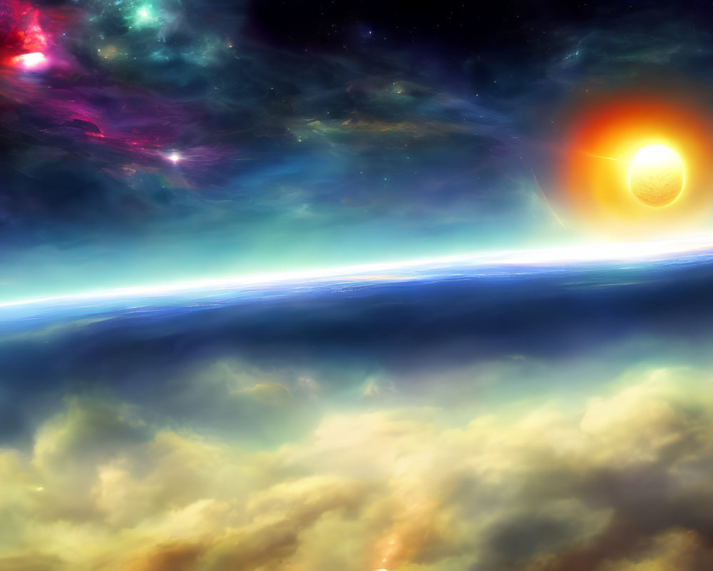 Colorful cosmic scene with orange planet, star's edge, nebulae, and stellar background