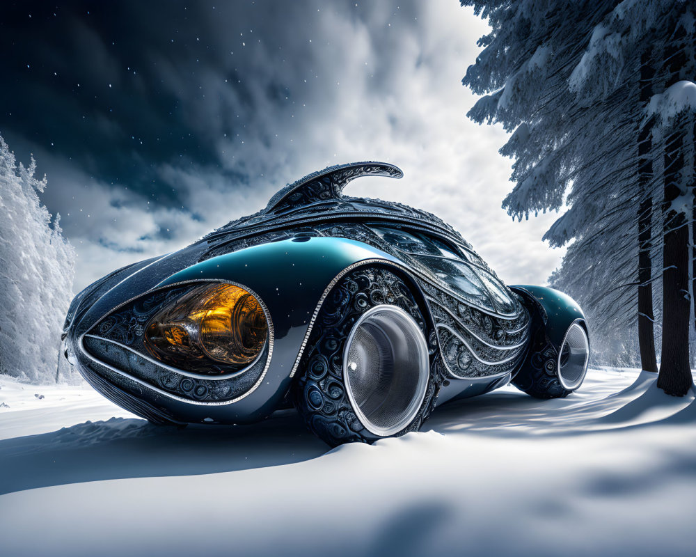 Sleek futuristic car parked in snowy forest under starry sky