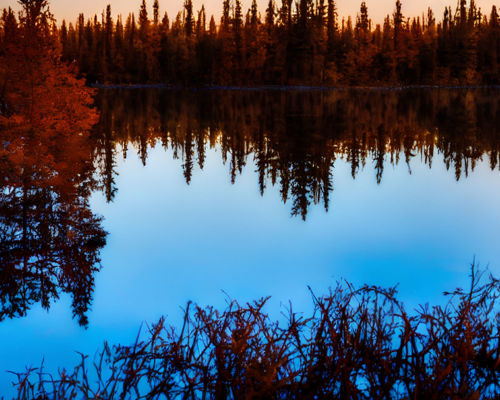 Autumn forest reflected in serene lake at twilight