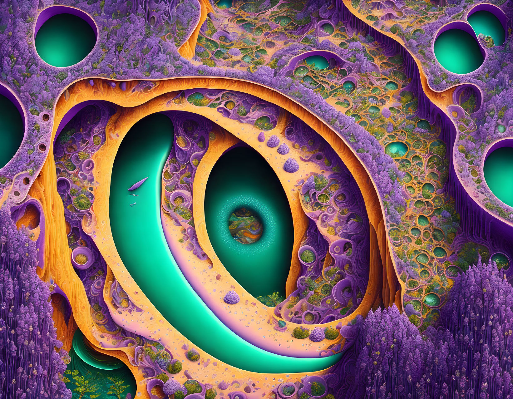 Colorful fractal art with purple and orange swirls and circular shapes