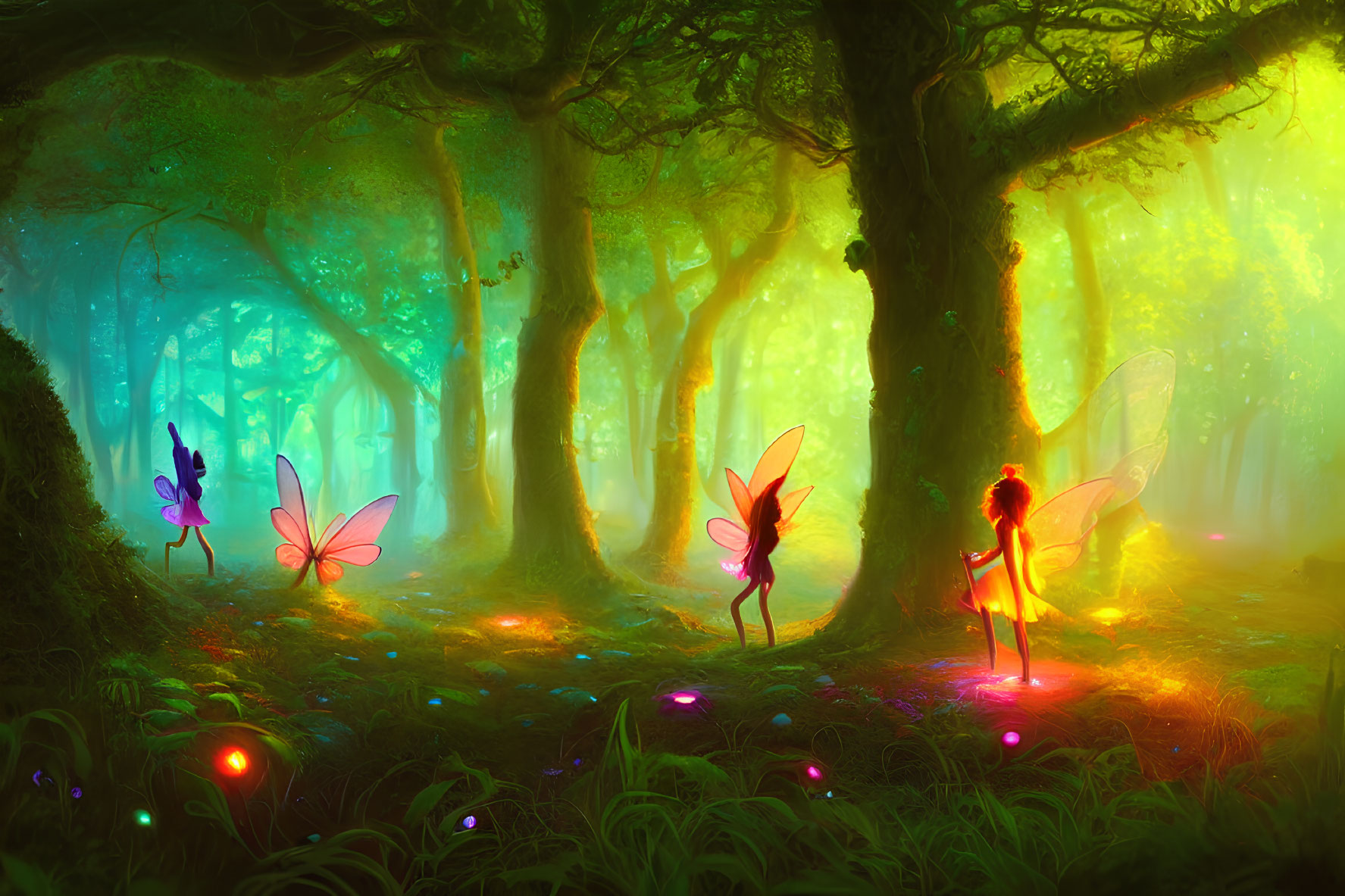 Colorful fairies and magical lights in an enchanted forest glade