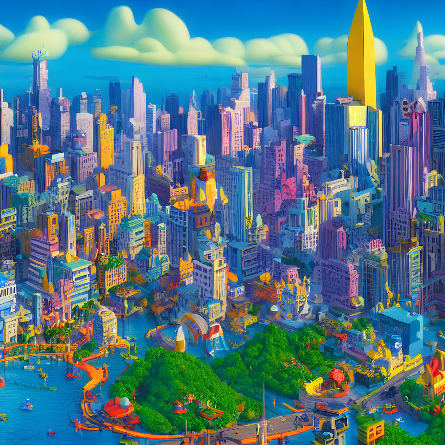 Colorful Animated Cityscape with Diverse Architecture and Skyscrapers