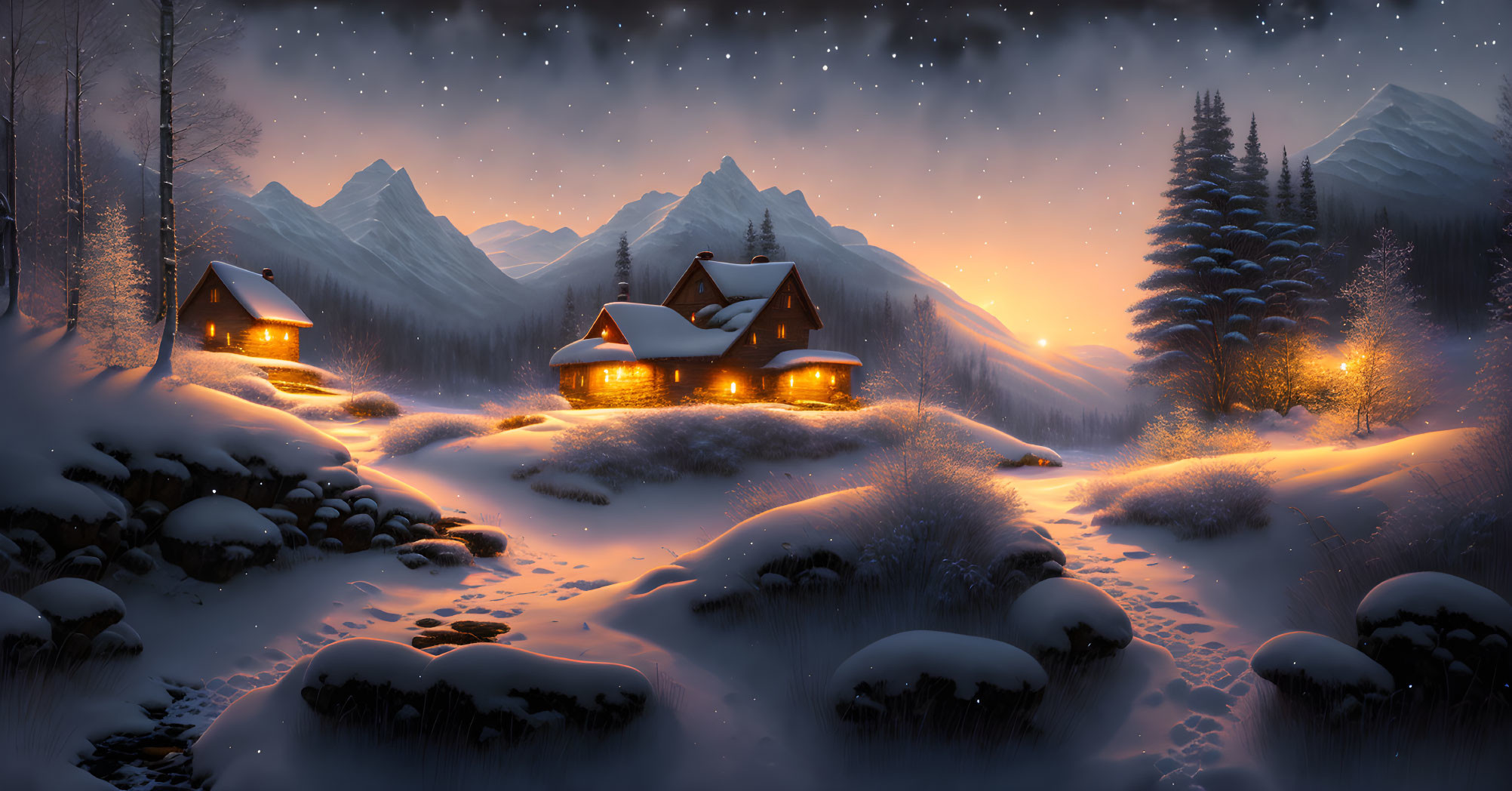 Snowy night with illuminated cabins, mountains, and falling snow.