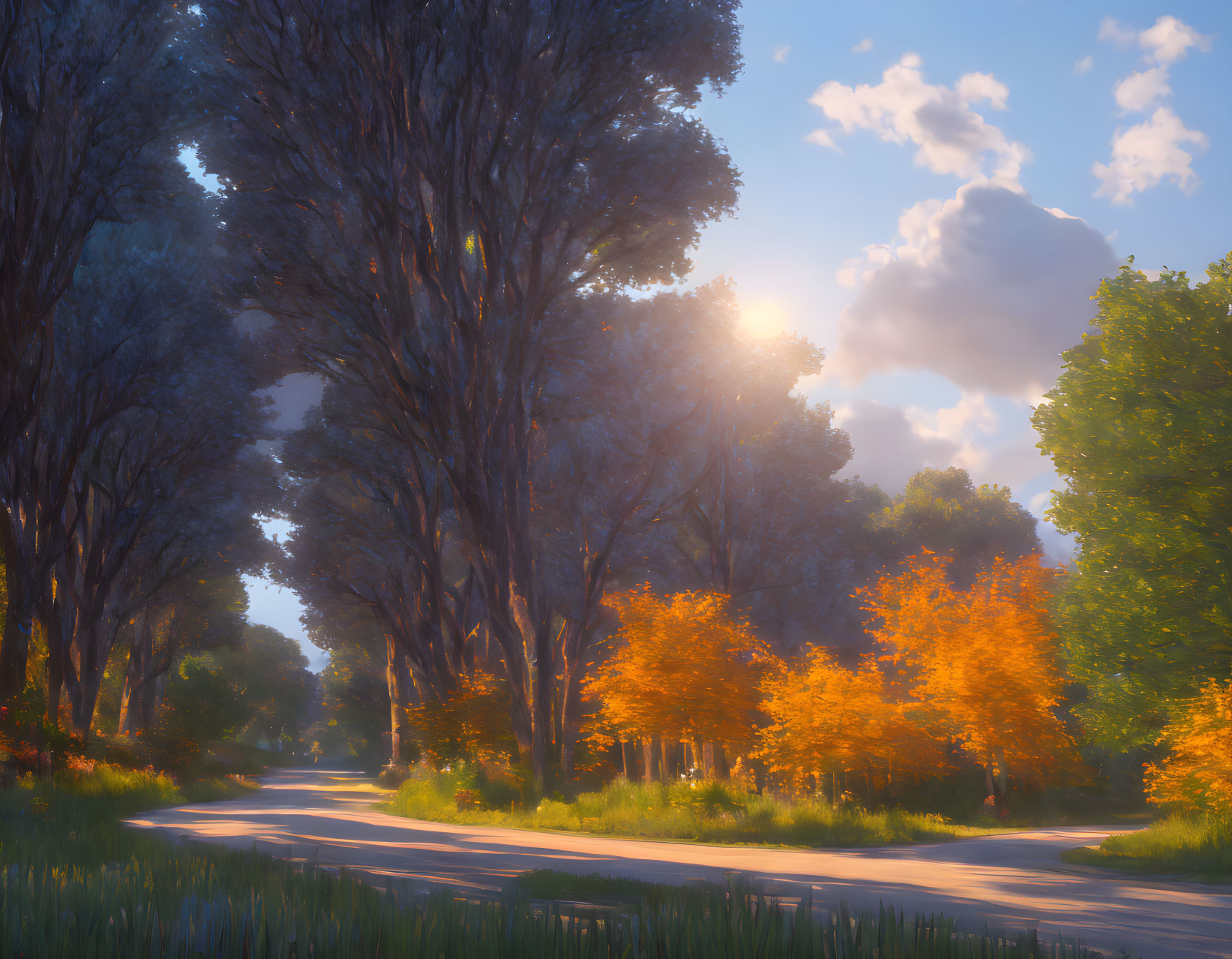 Tranquil Autumn Forest Path at Sunset