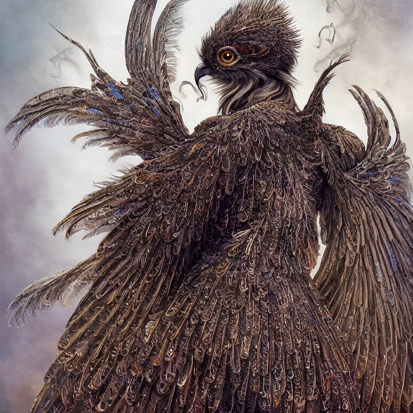 Majestic mythical bird creature with intricate feather details on smoky background