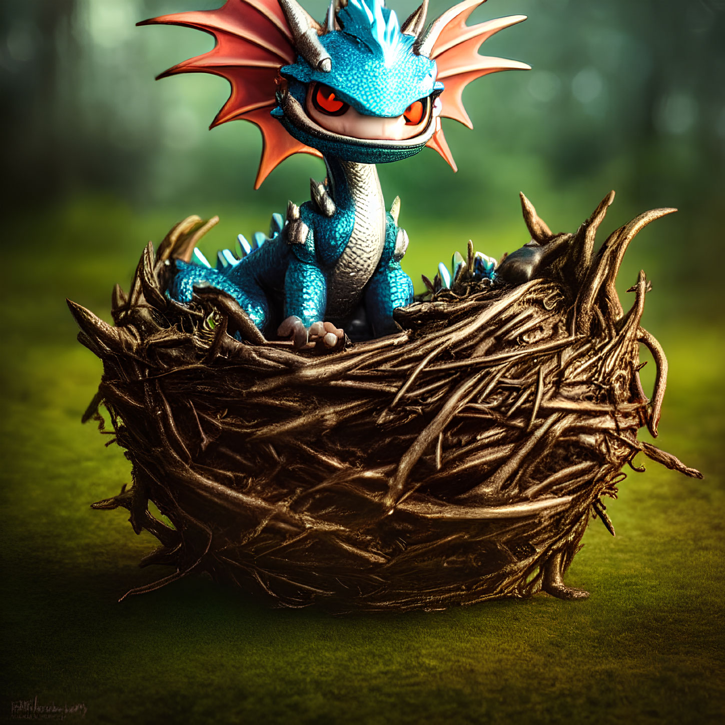 Blue dragon with orange spiked wings in twig nest in forest setting