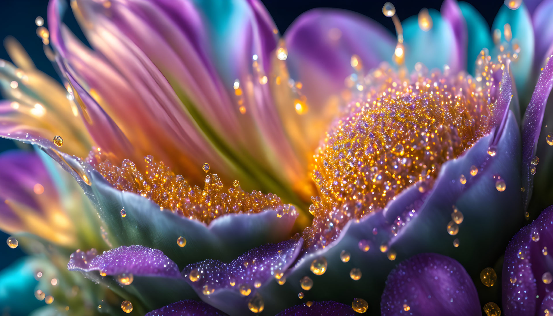 Close-up of vibrant purple and yellow flower with water droplets on dark background