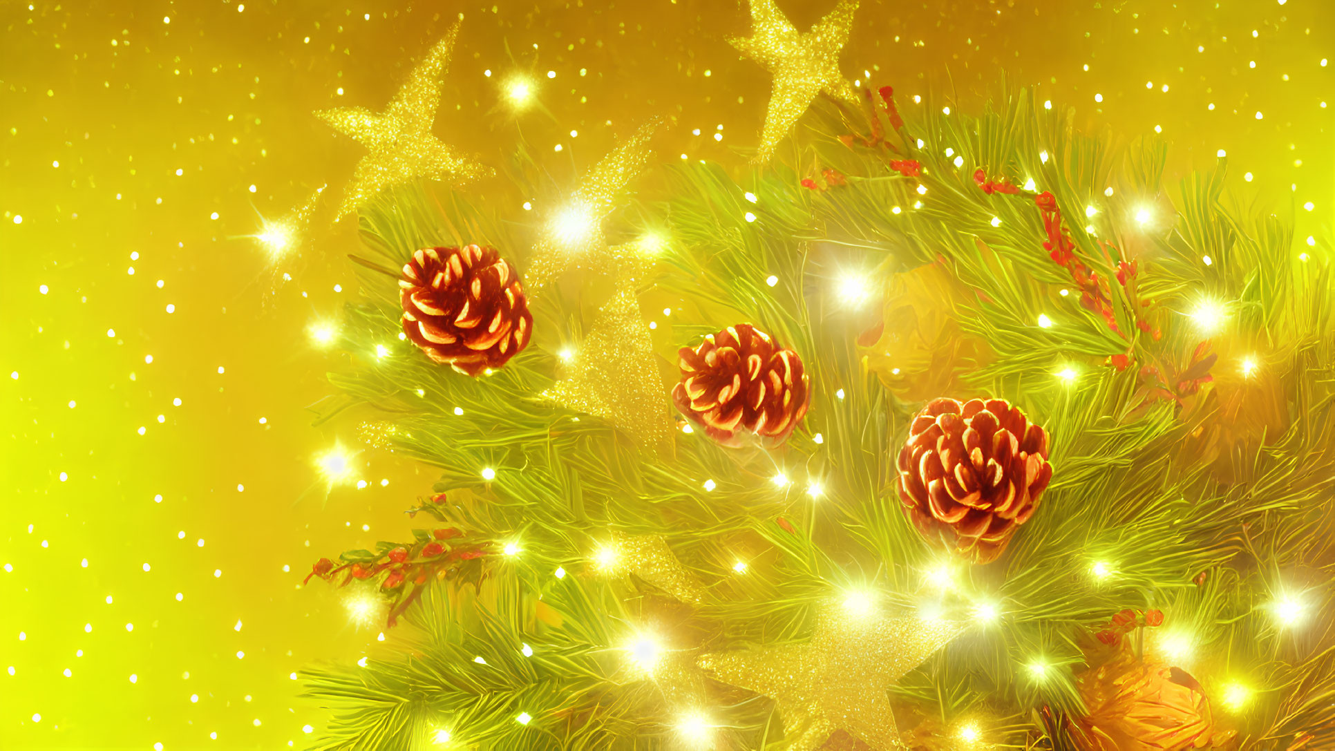 Sparkling Christmas background with lights, pine cones, and fir branches