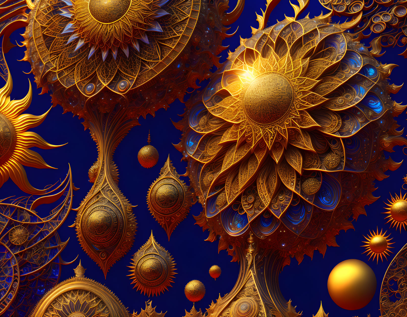 Intricate golden fractal sunflowers on deep blue background