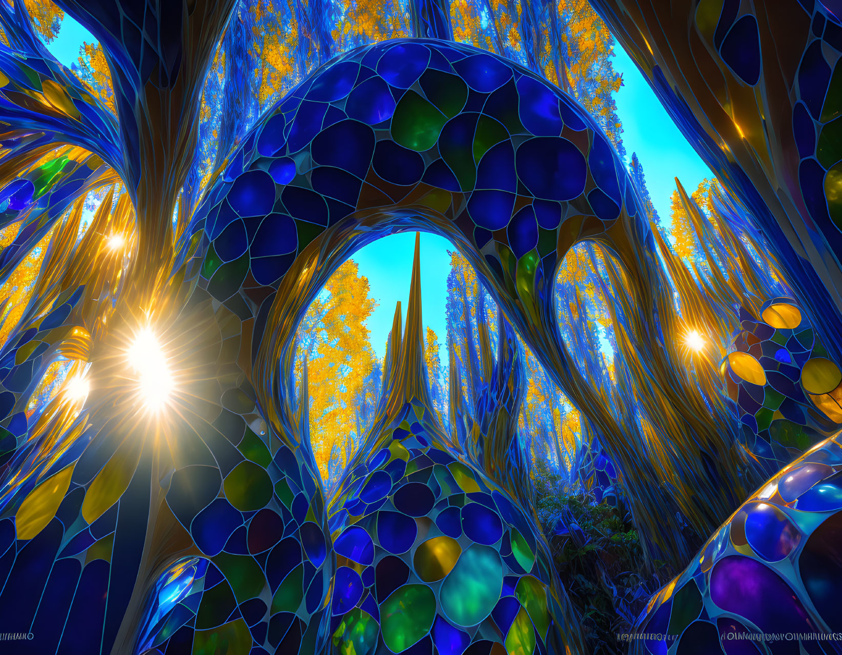 Colorful Fractal Forest with Blue Arches and Golden Trees