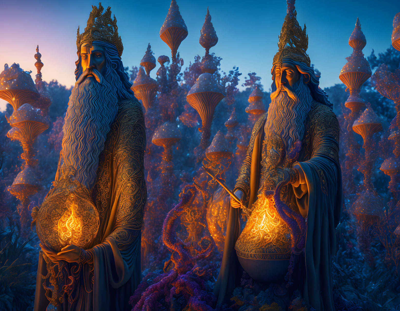 Bearded figures with glowing orbs in enchanted forest at dusk