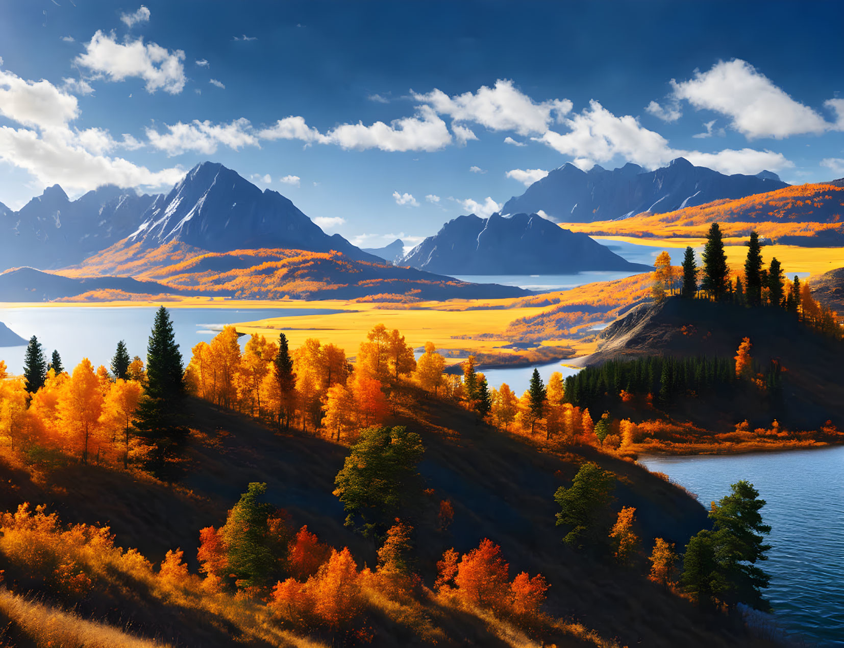 Scenic autumn landscape with golden trees, lake, hills, and mountains