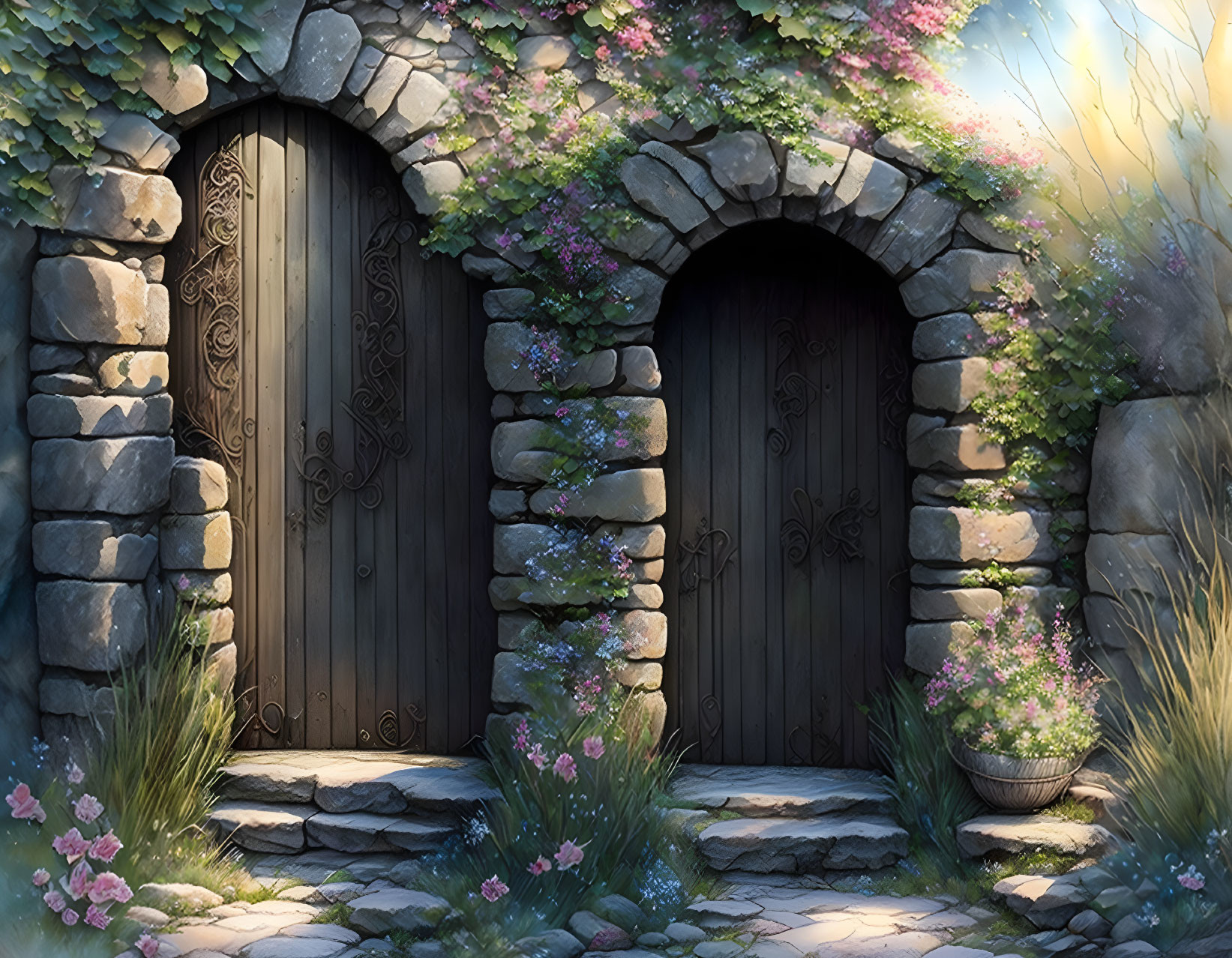 Stone archway with wooden door and flowering vines under warm light