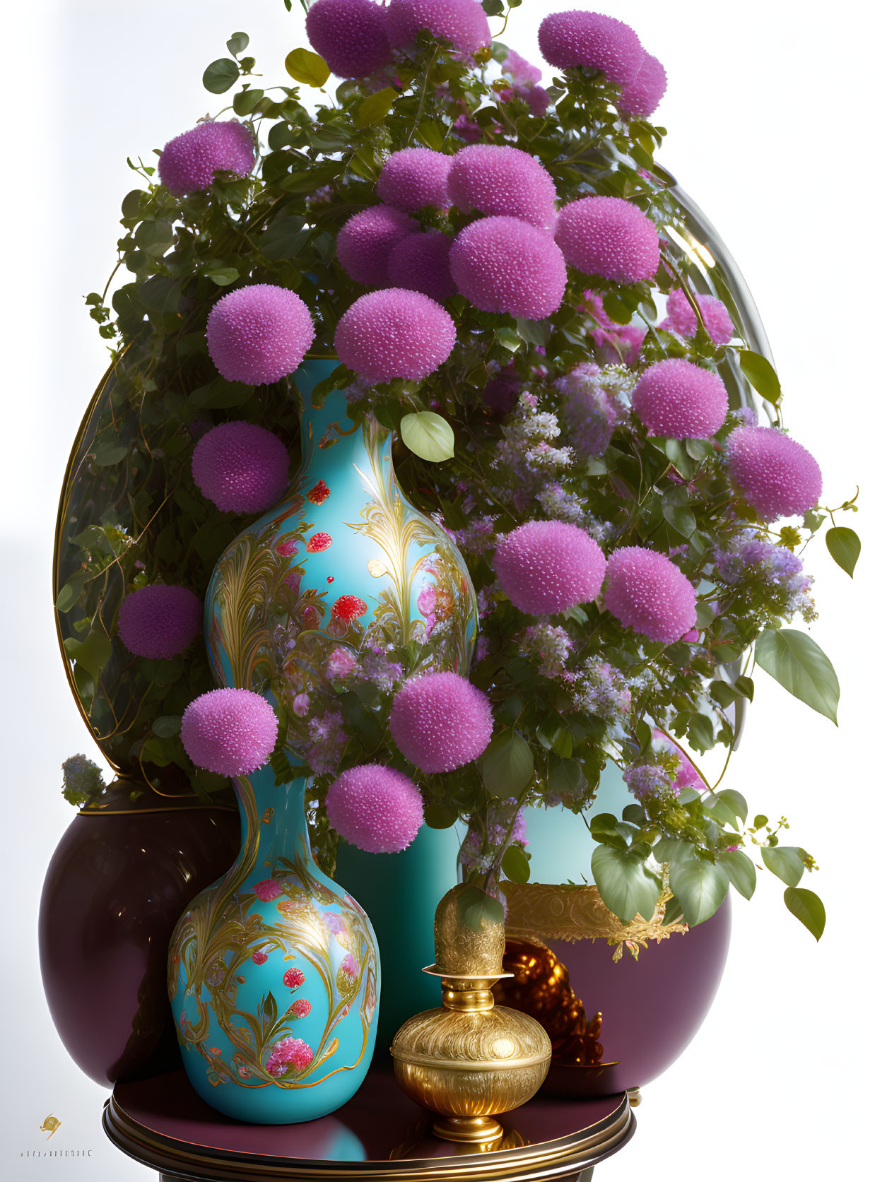 Decorative vases with intricate designs and lush greenery, topped by vibrant purple spherical flowers.