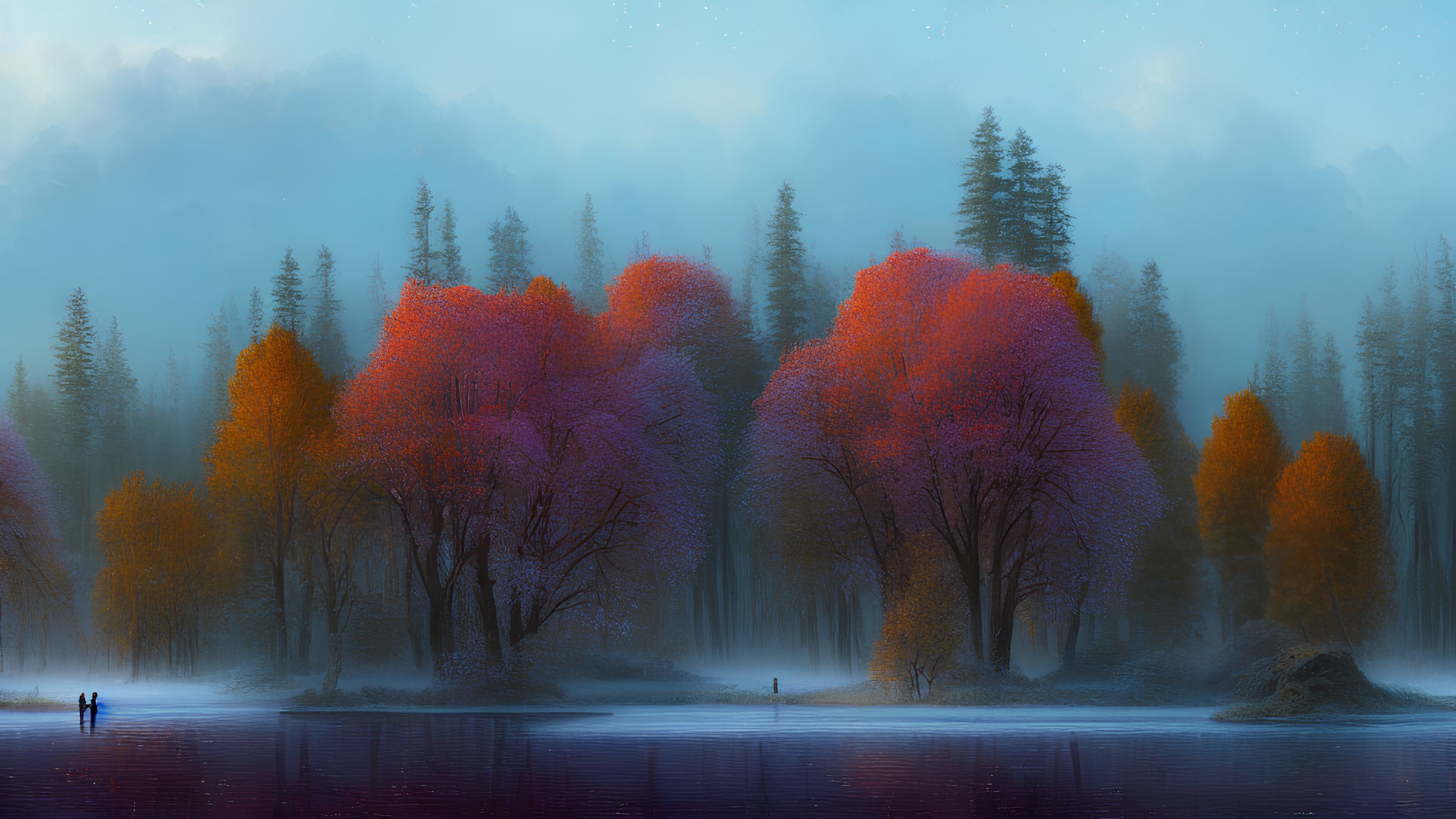 Colorful Trees and Misty Lake at Twilight with Tiny Figures