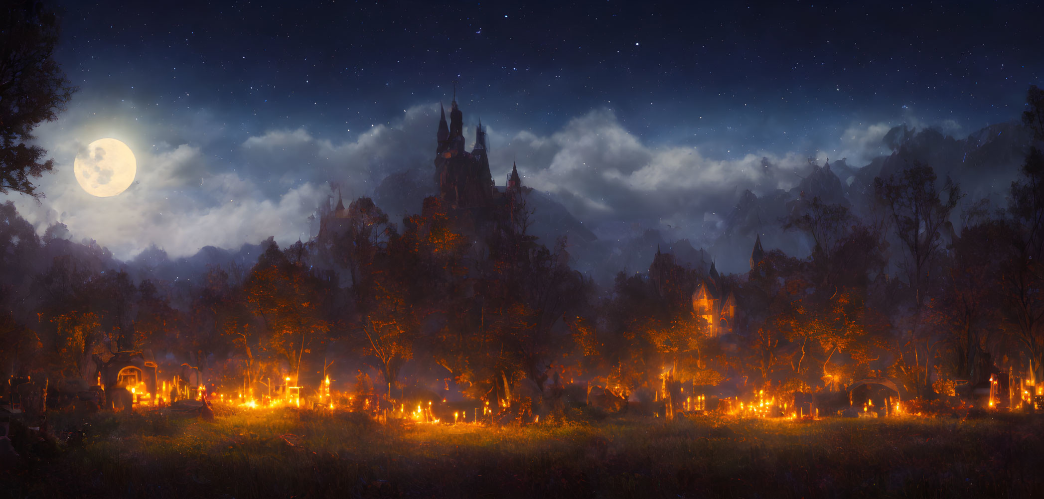 Moonlit Night Landscape with Fires and Castles in Foreboding Forests