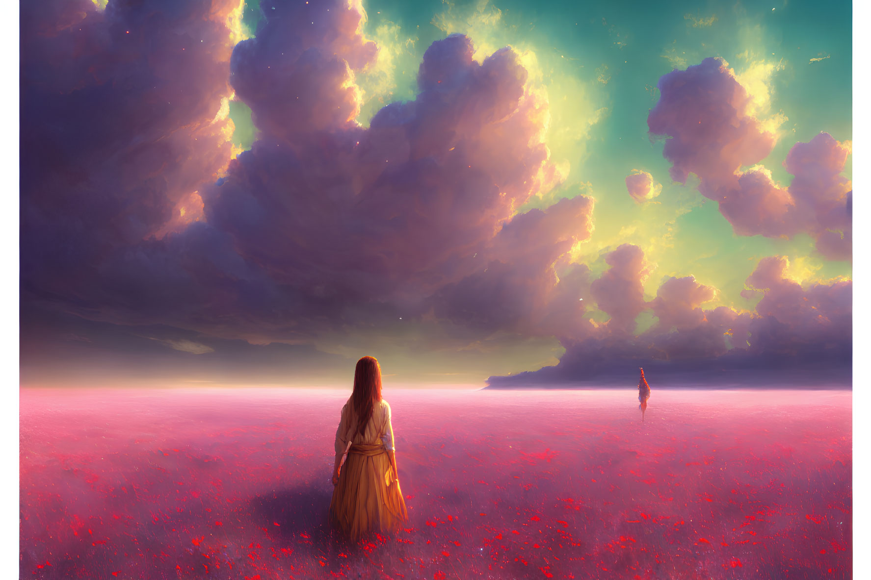 Vast field of red flowers under dramatic sky with figures.