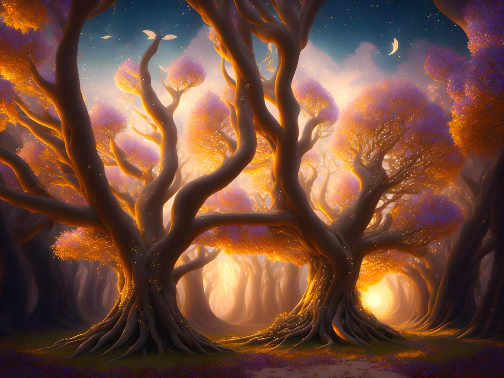 Majestic forest scene with orange foliage, glowing light, birds, and crescent moon