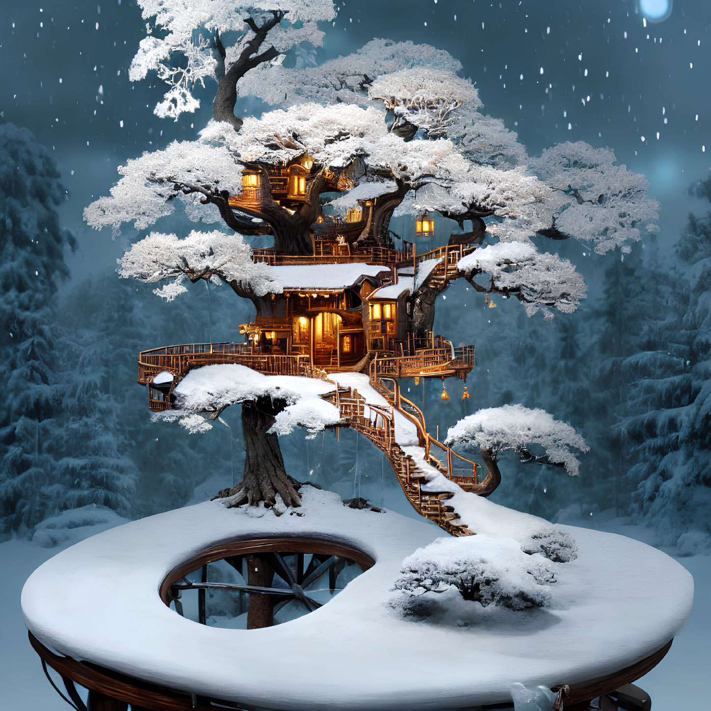 Snowy Landscape: Illuminated Multi-Level Treehouse in Snow-Covered Tree