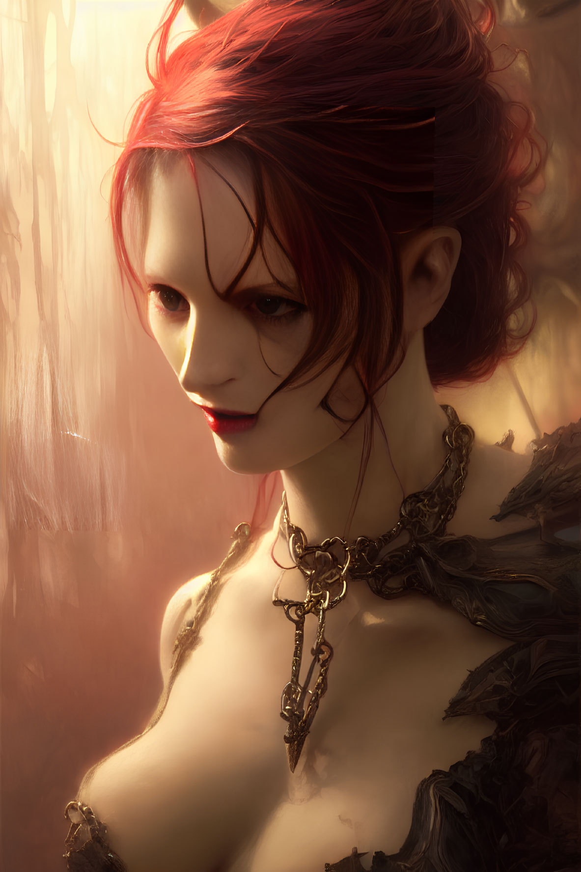 Enigmatic woman with red hair and ornate neckpiece in warm setting