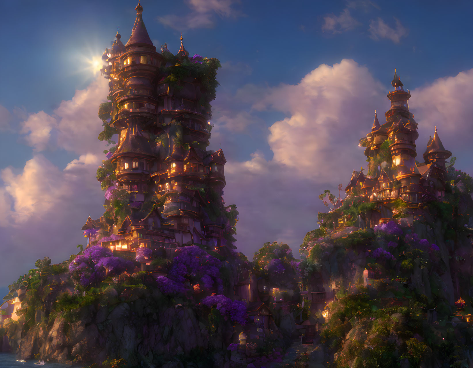 Fantasy landscape featuring ornate castles on rocky cliffs at sunset