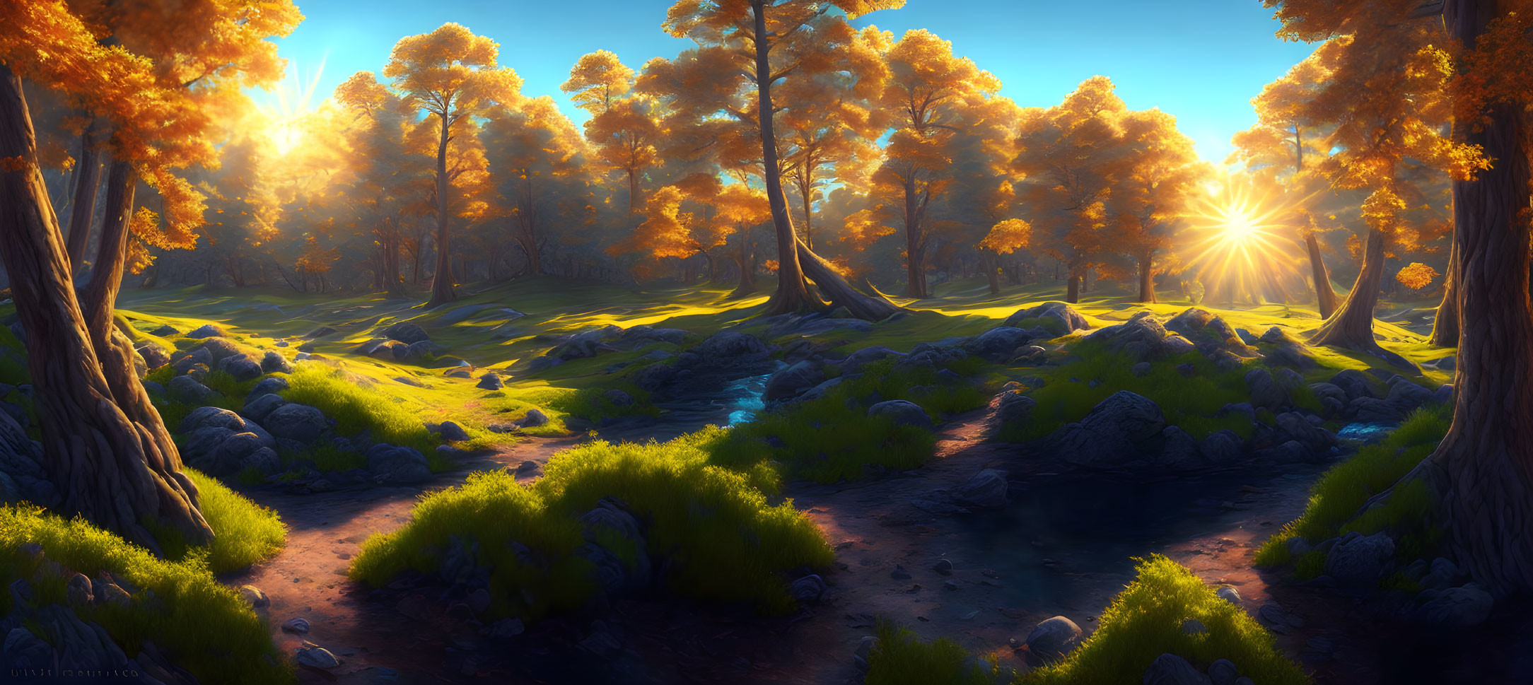 Sunset forest landscape with golden light, stream, and lush greenery