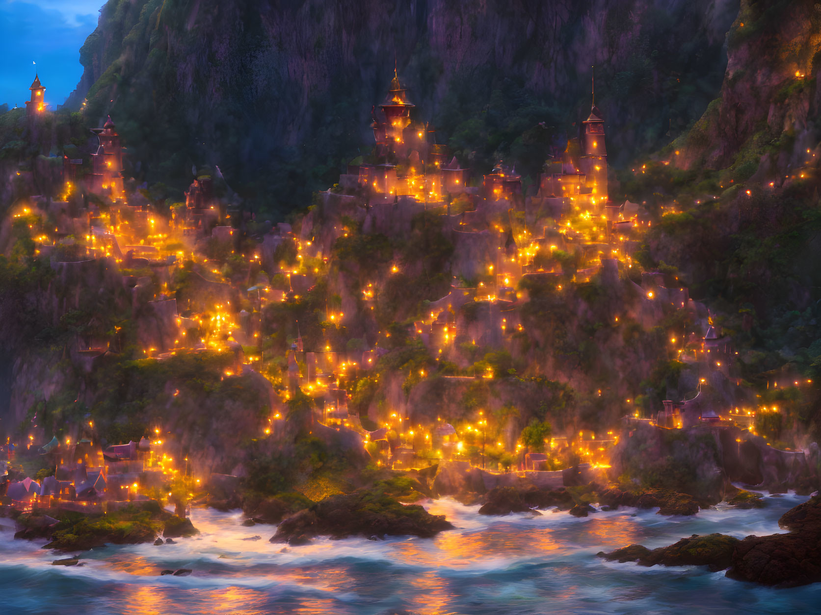 Illuminated mountainside settlement with pagoda-style structures by tranquil sea