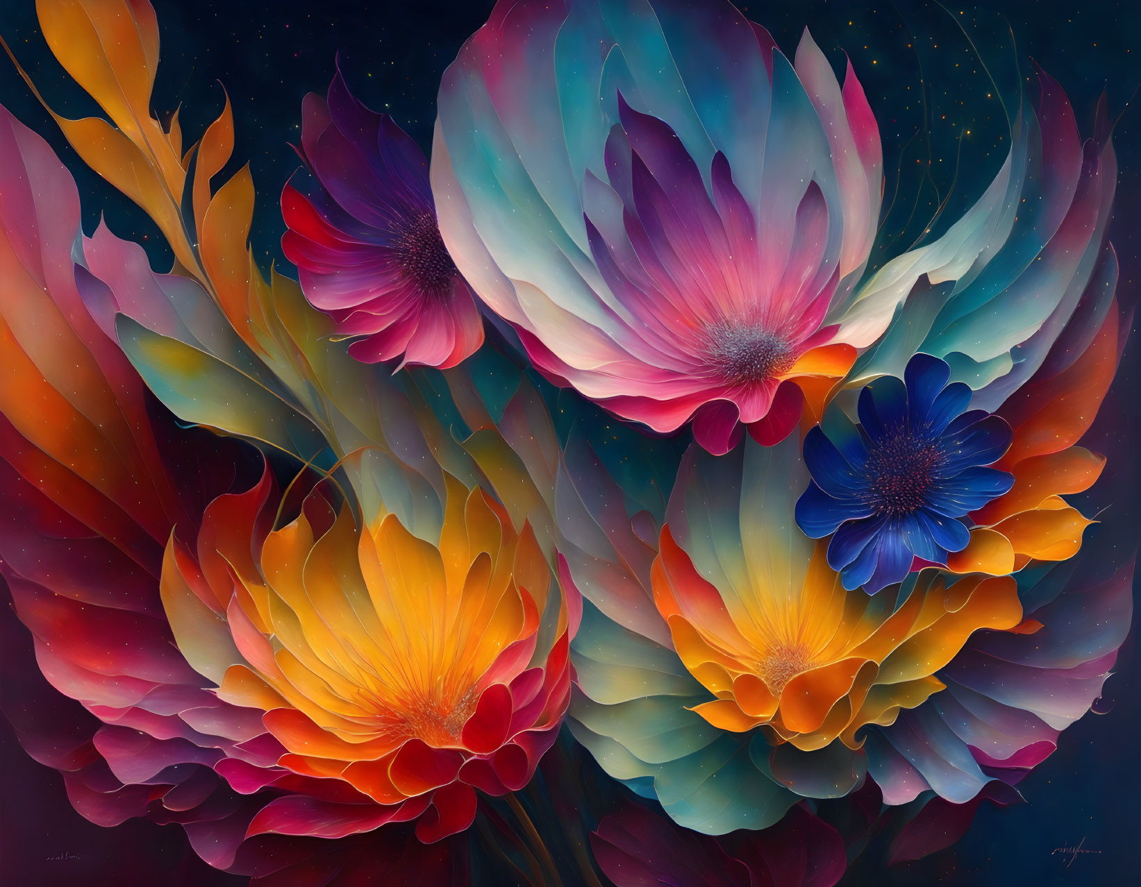 Colorful flowers against dark, starry backdrop: a blend of natural beauty and fantasy