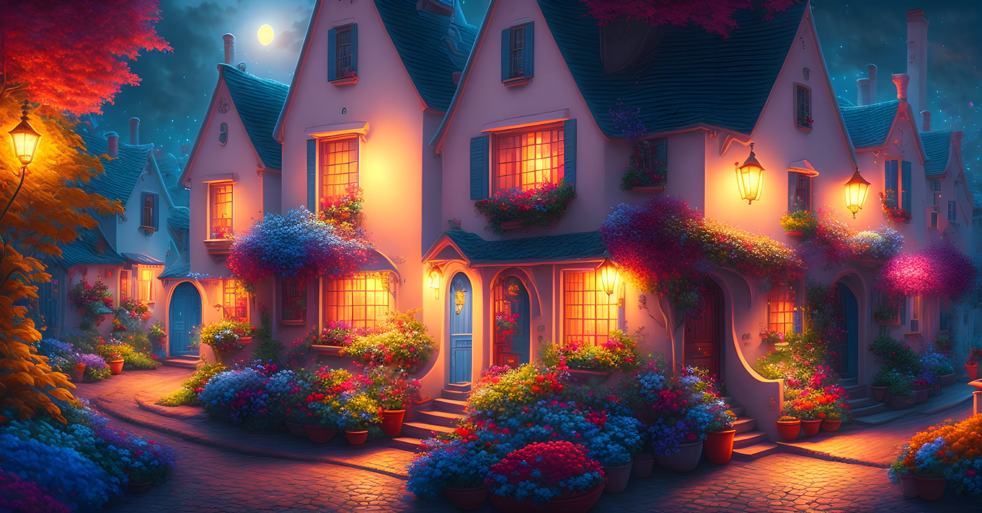 Enchanting fantasy village scene at twilight with glowing windows and vibrant flowers