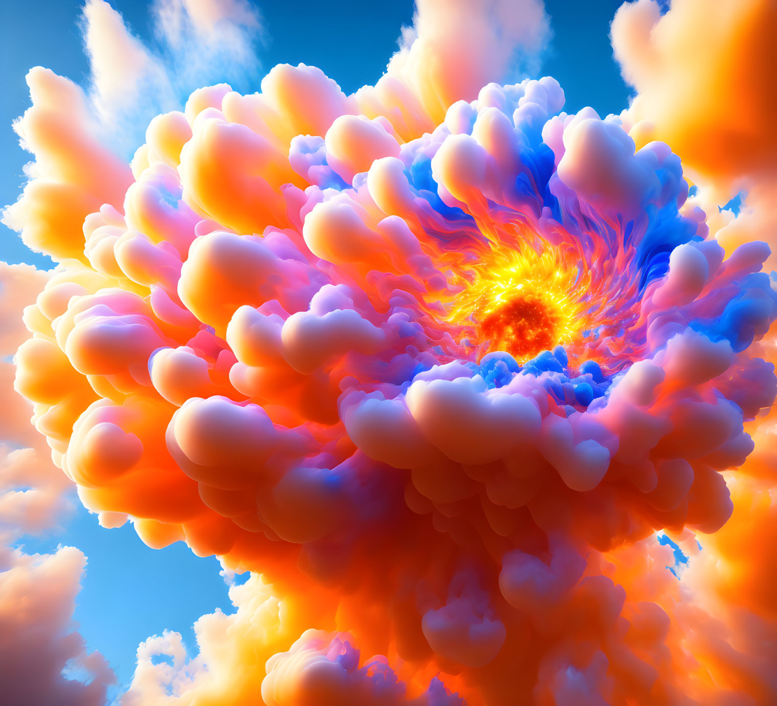 Colorful cloud explosion in blue sky with fiery, flower-like yellow core