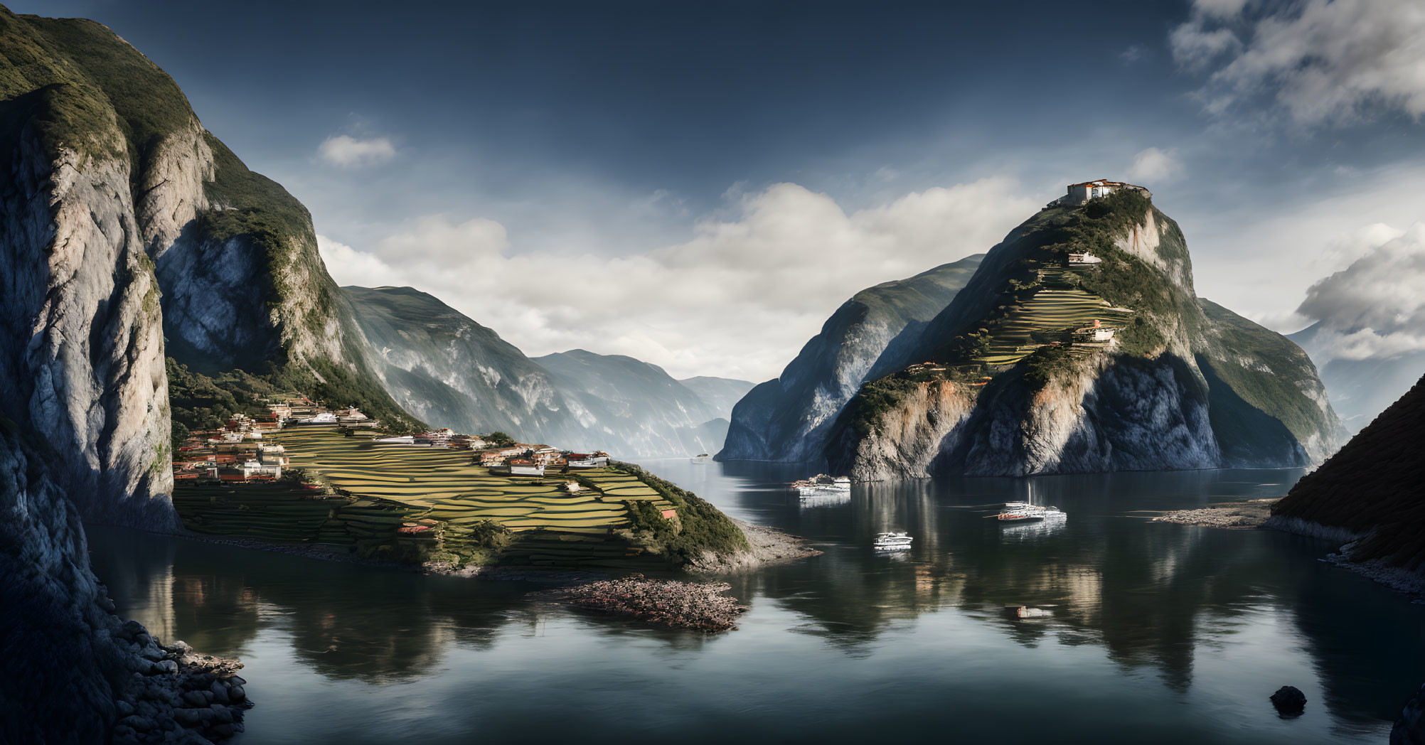 Scenic Valley with Terraced Fields, River, Boats, and Clear Sky