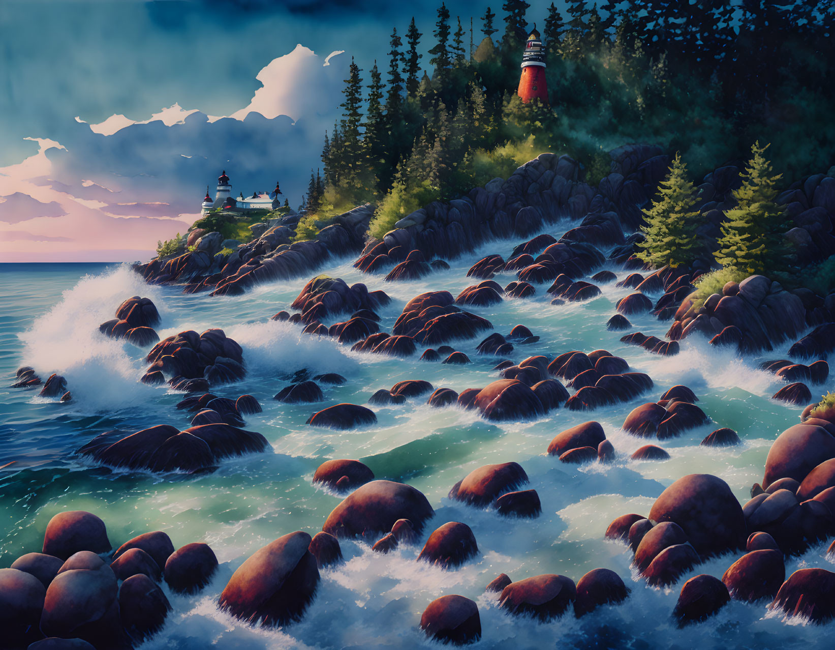 Serene coastal landscape with lighthouse, pine trees, rocky shore, and gentle waves at dusk