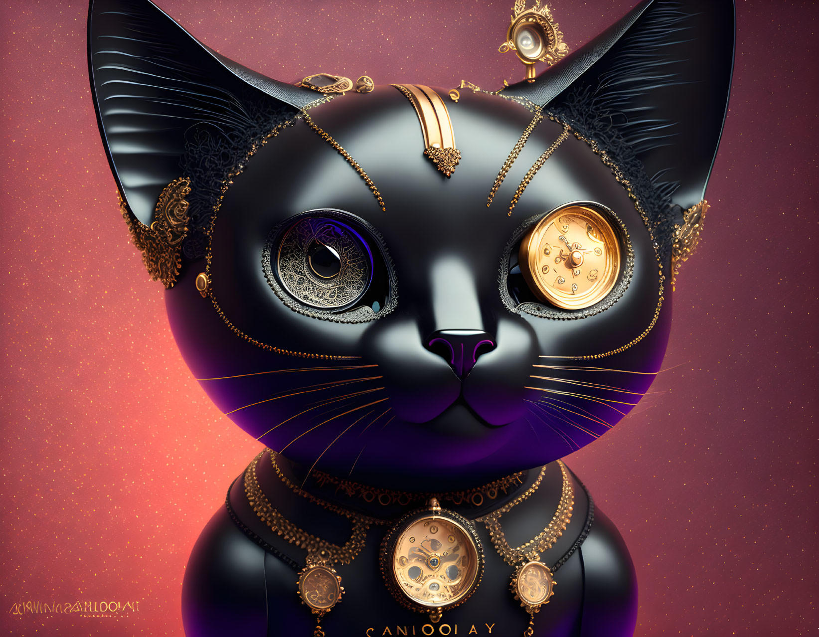 Stylized black cat with gold jewelry and clockwork on purple background