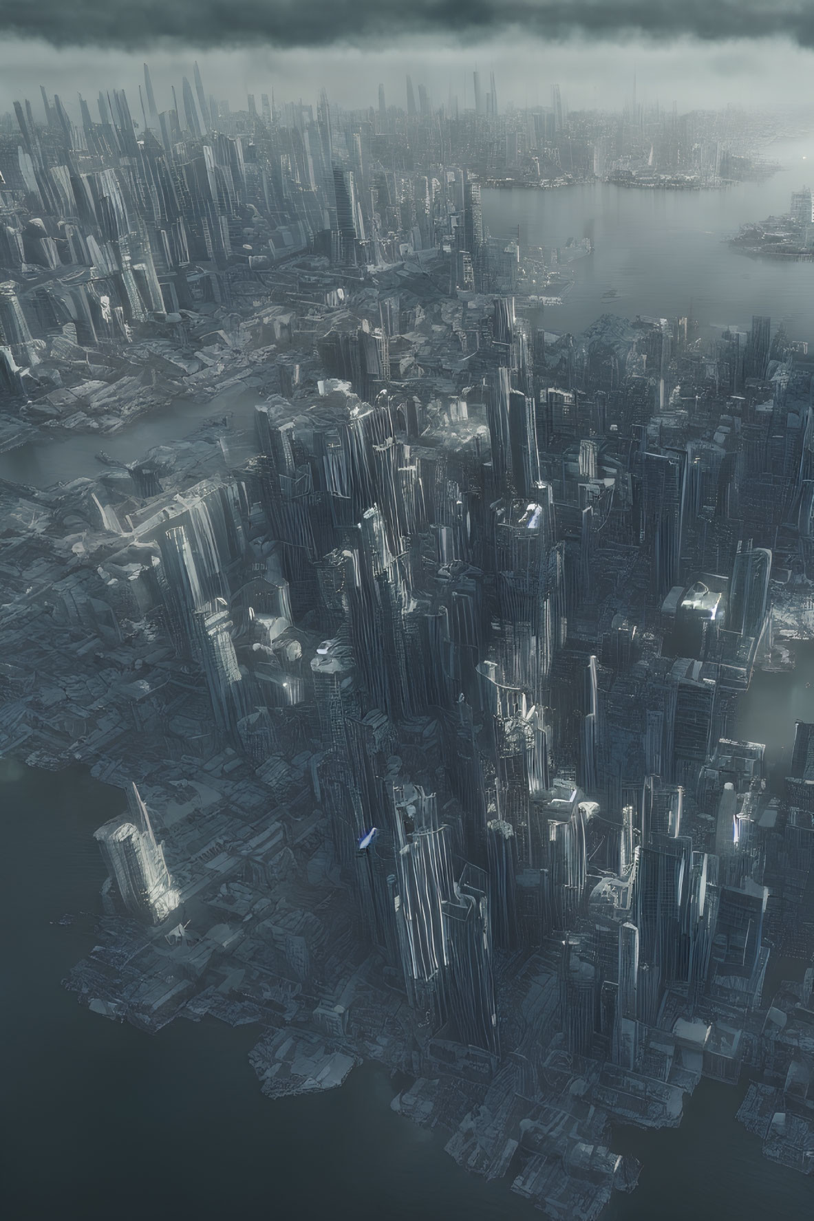 Futuristic cityscape with towering skyscrapers and hazy sky