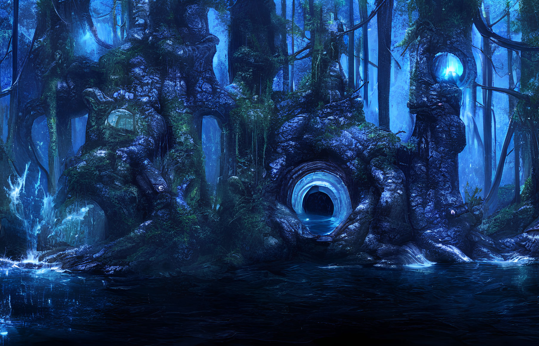 Mystical Blue Forest with Glowing Orbs and Eerie Tunnel Entrance