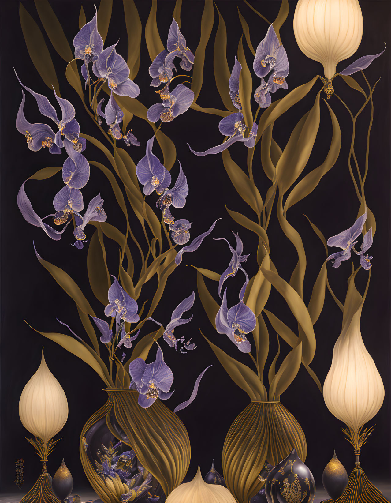 Detailed botanical illustration: Violet orchids, green stems, white roots on dark backdrop