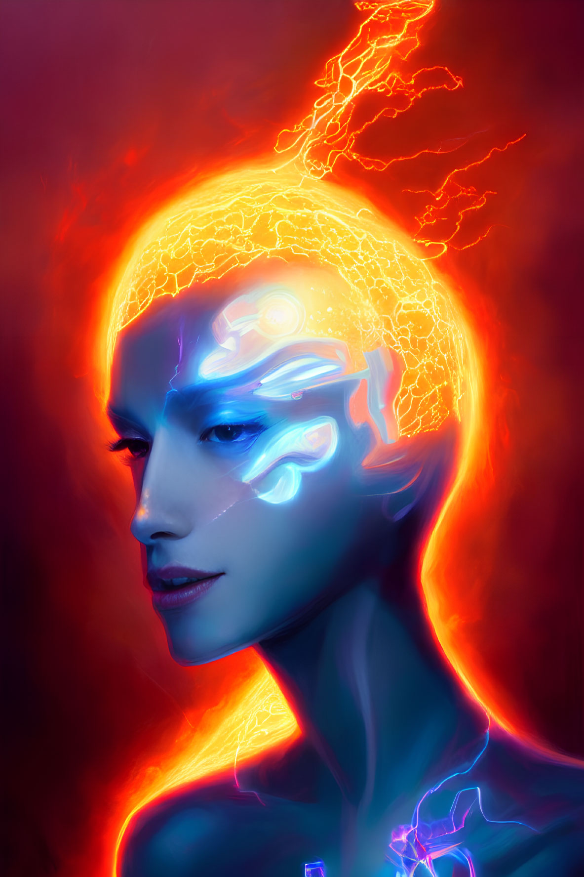 Colorful Digital Art Portrait with Neon Patterns on Face on Red Background