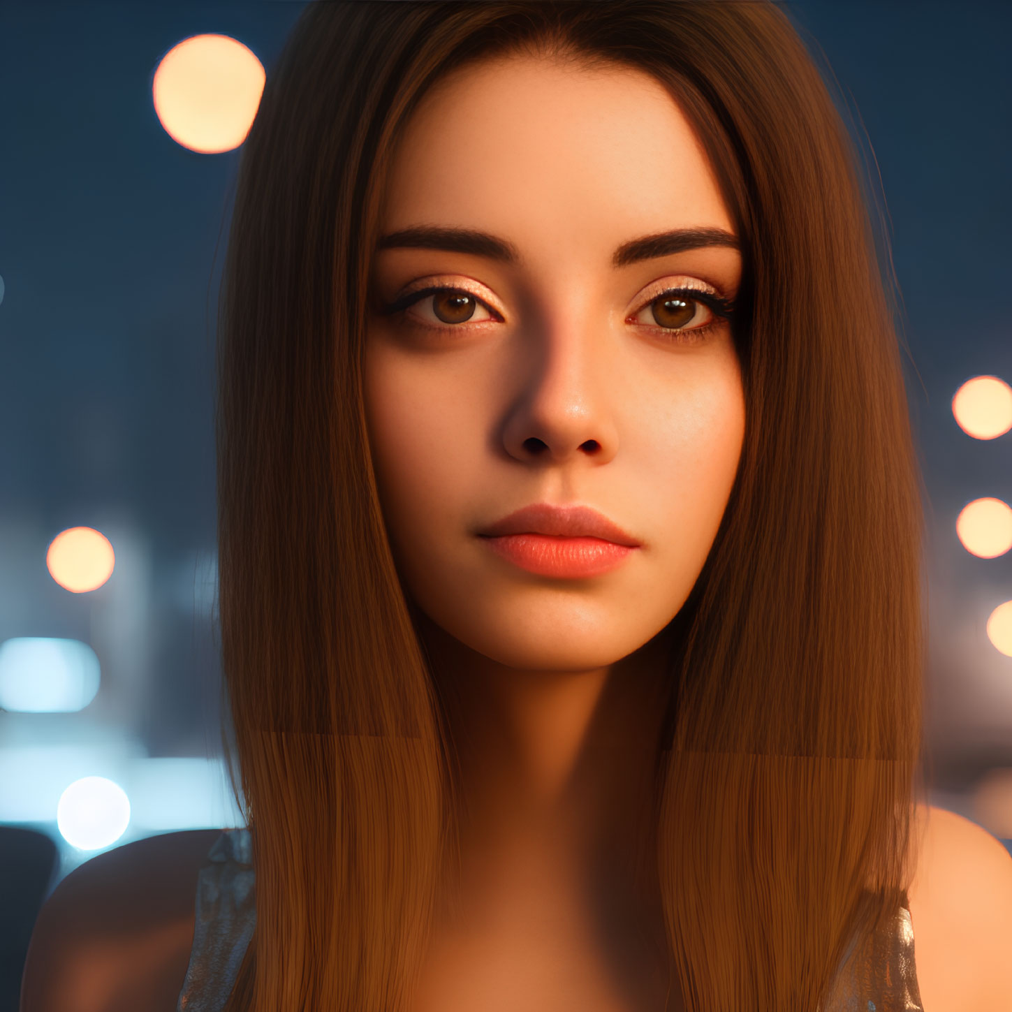 Portrait of woman with long straight hair and dark eyes in warm glowing lights