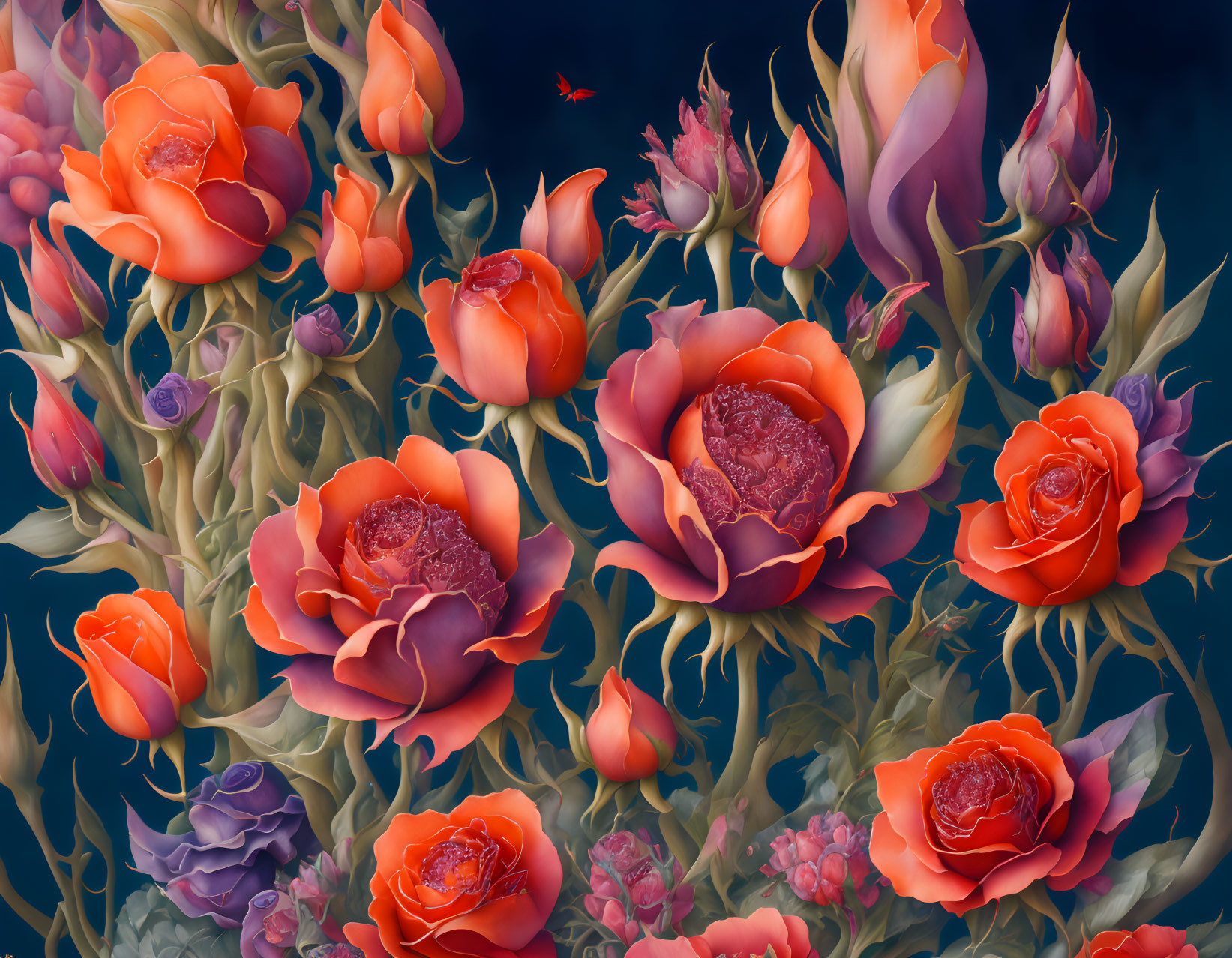 Colorful digital painting of orange roses, purple flowers, and greenery on dark blue backdrop