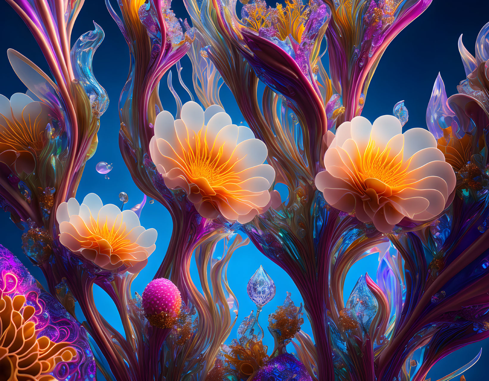 Colorful digital art: luminescent floral structures on dark blue background