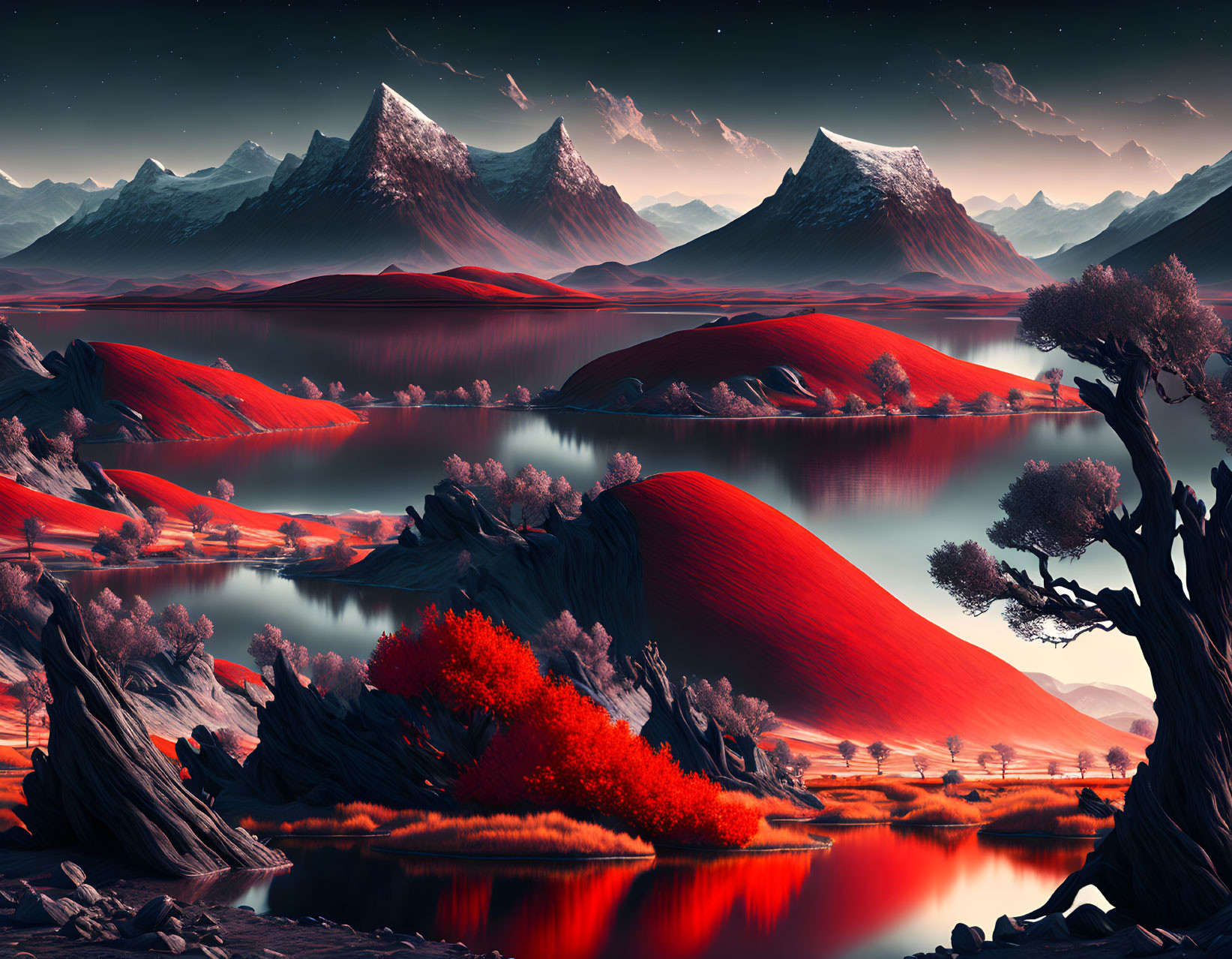 Surreal landscape with red foliage, serene lakes, rolling hills, and snow-capped mountains at