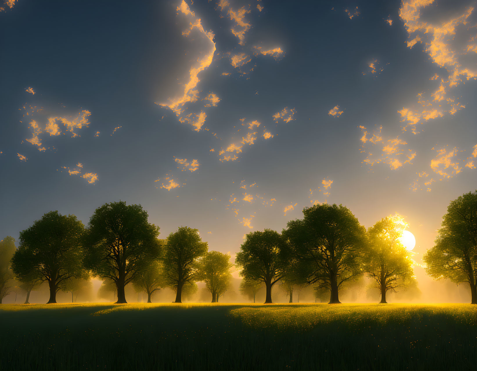 Misty forest sunrise over flowered meadow with scattered clouds