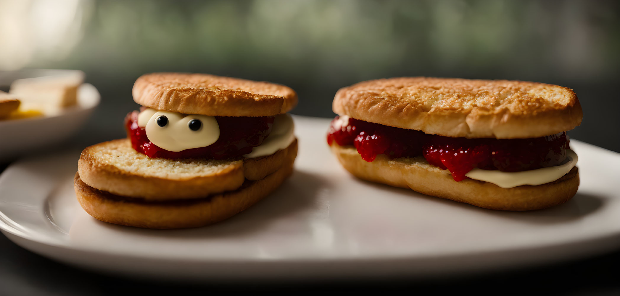 Scones with Clotted Cream and Strawberry Jam on White Plate