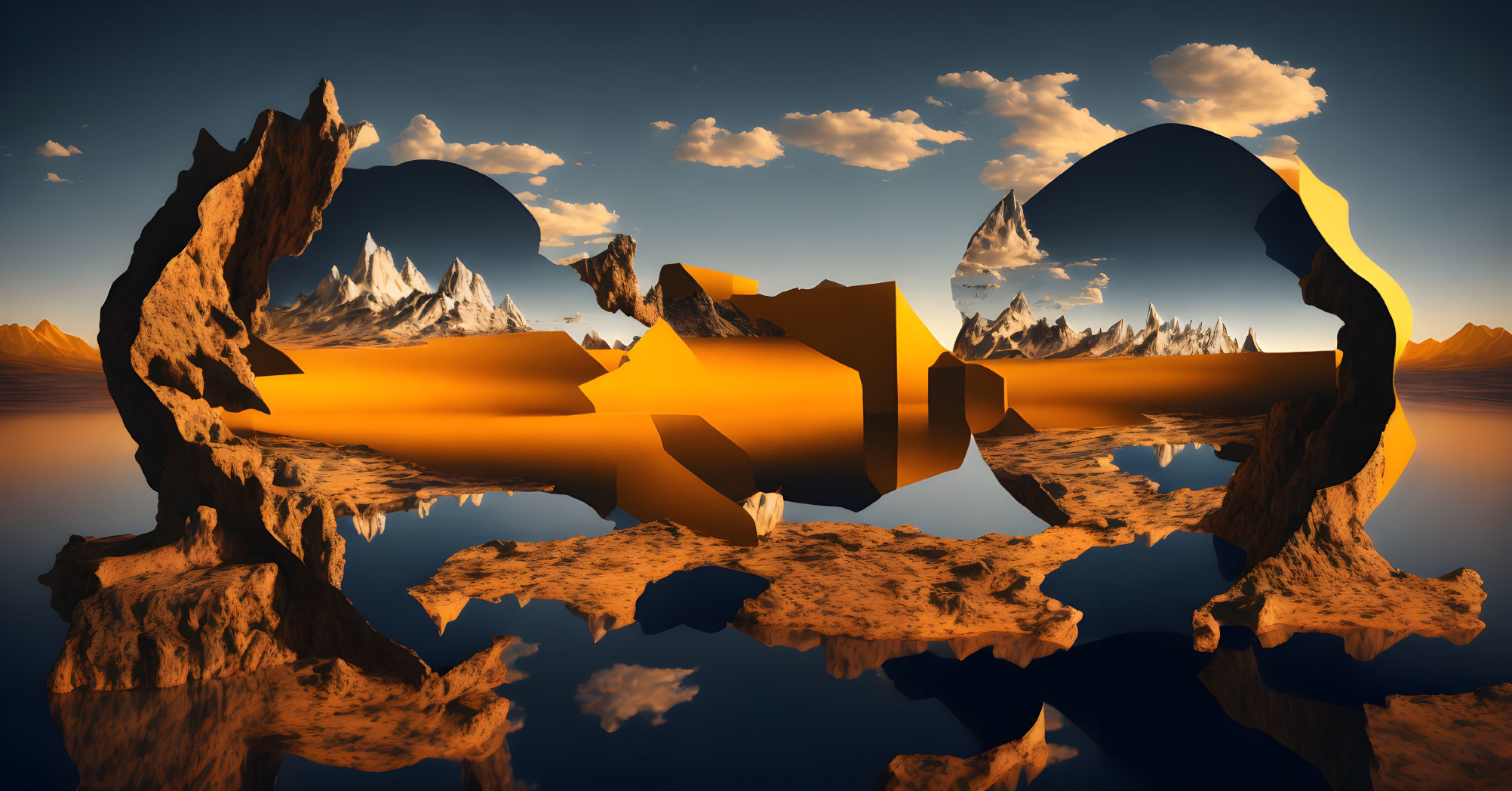 Mirrored mountains and floating shapes in surreal landscape