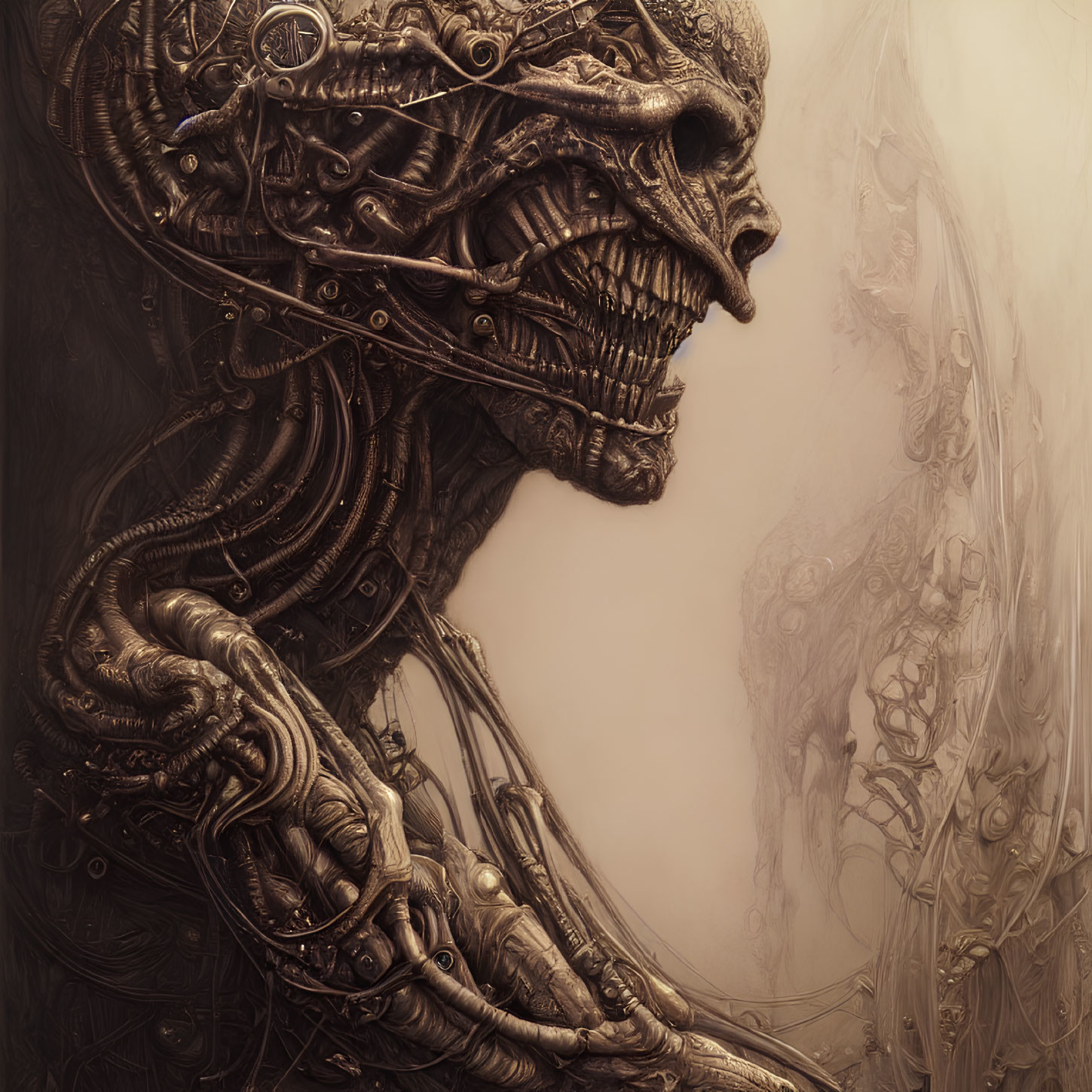 Detailed illustration of mechanical skull with cybernetic enhancements on misty backdrop