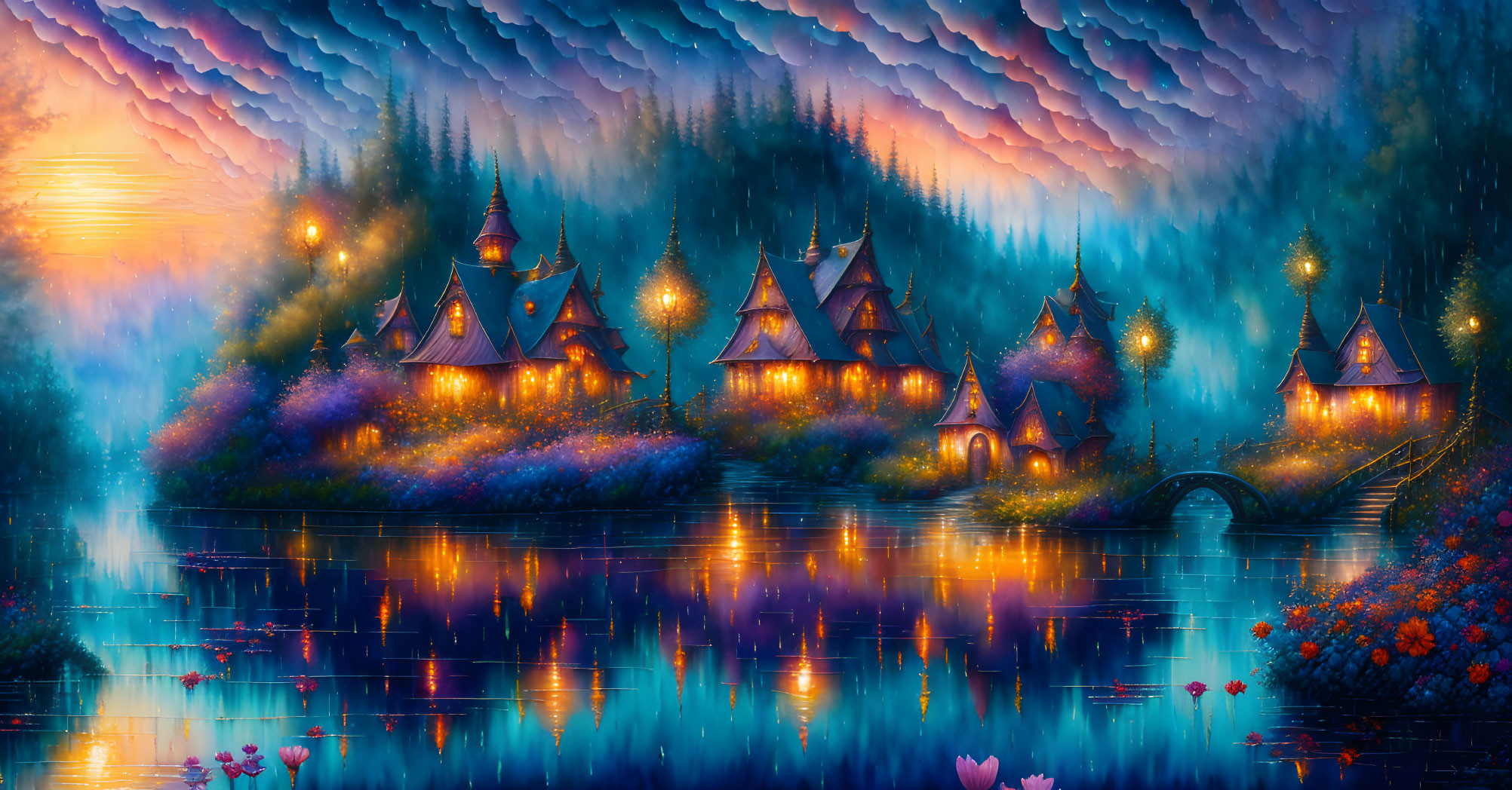 Enchanting village with illuminated houses near reflective lake