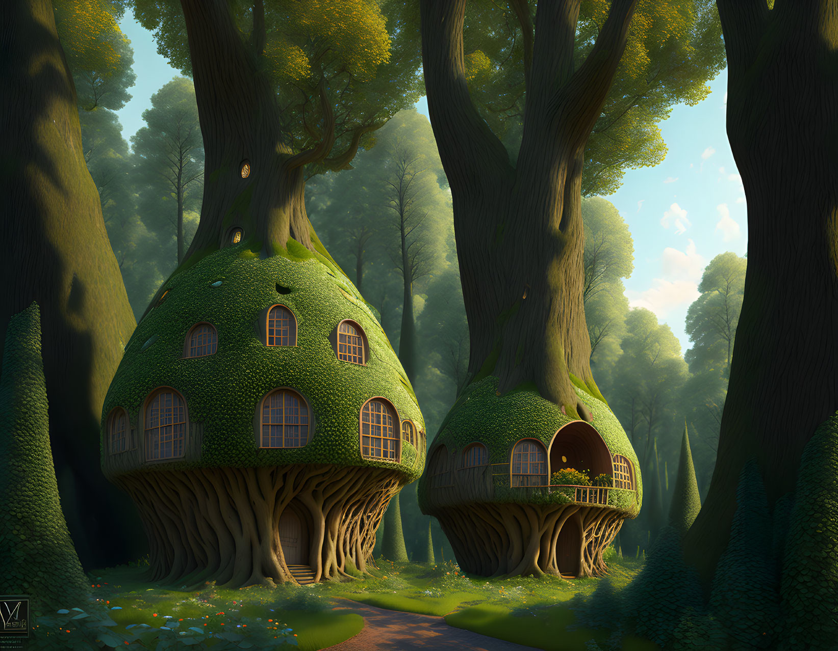 Whimsical treehouses in lush forest setting