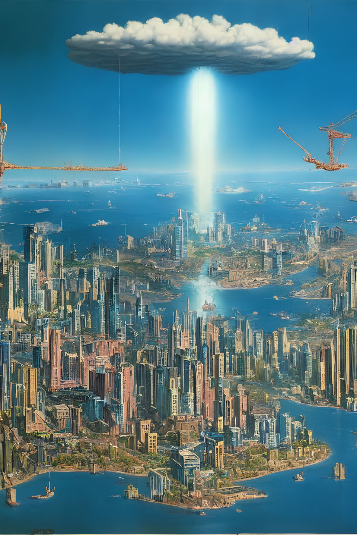 Futuristic cityscape with skyscrapers and beam of light