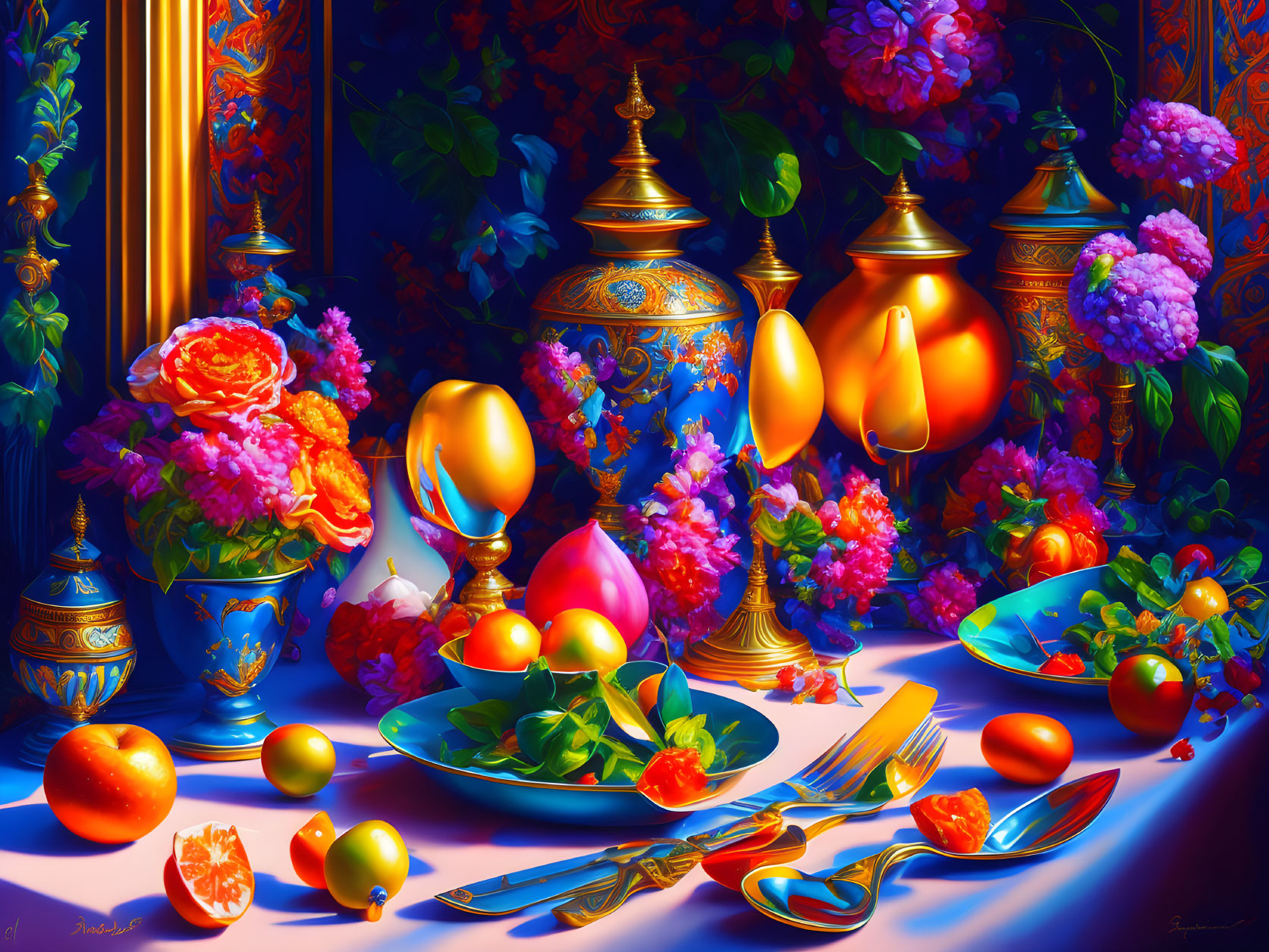 Colorful Still Life with Flowers, Fruits, and Tableware in Dramatic Lighting