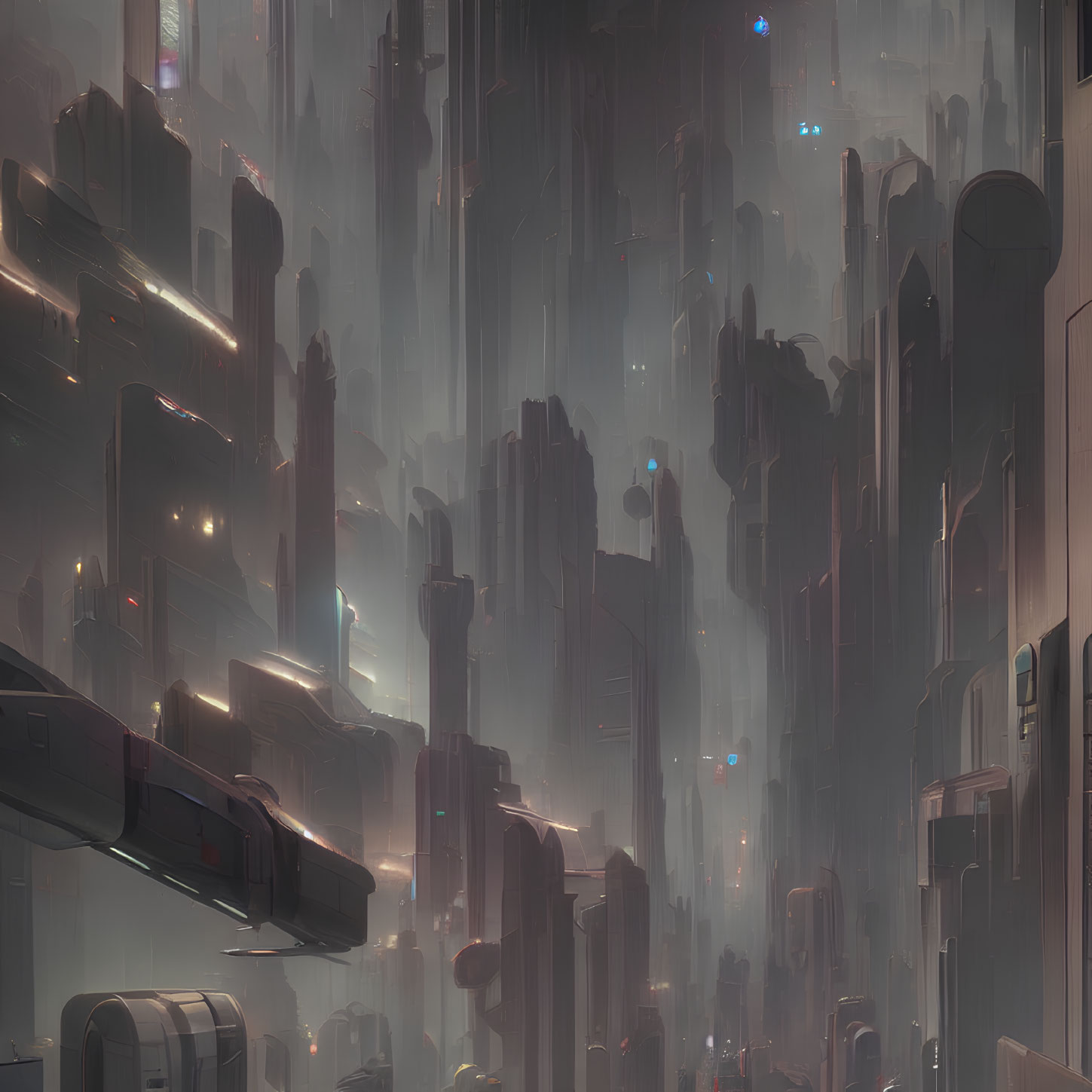 Futuristic cityscape with skyscrapers, mist, and flying vehicles at dusk